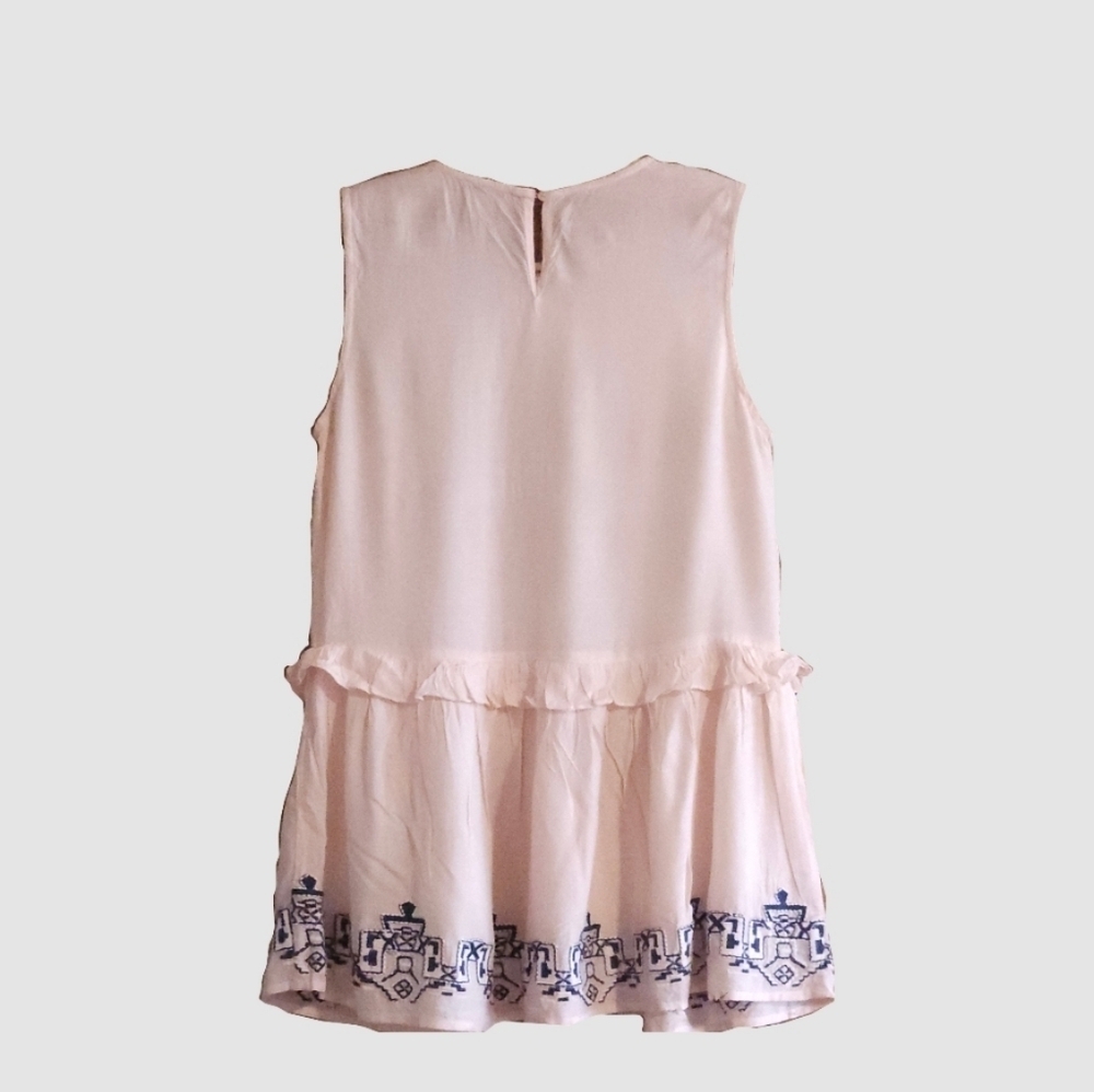 TRISTAN Soft Pink Cotton Top with Navy Stitching Small Boho Embroidery Peplum - Picture 4 of 8